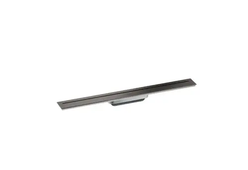 Drain Fertigset in mattem Schwarz, präsentiert von AXOR. Schmale, elegante Linienform, geeignet für die Installation in Duschen oder in modernen Bädern.